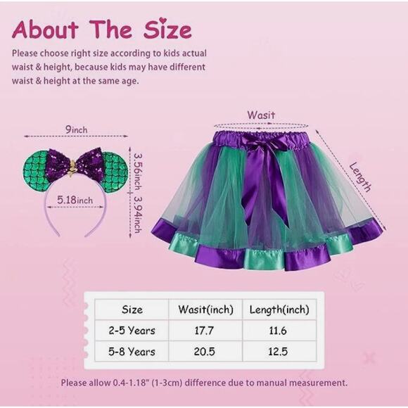 Mermaid Mouse Costume 2-5 Yrs Purple & Green Tutu with Mouse Ears Headband - Picture 4 of 6